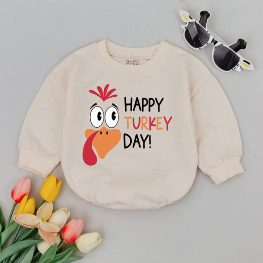 Happy Turkey Day Baby Romper Cute Cartoon Turkey Face & "Happy Turkey Day!" Text for First Thanksgiving Outfit