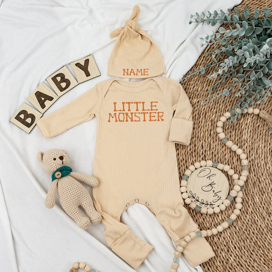 Little Monster Baby Bodysuit and Hat Set for Newborns Cute Halloween or Fall Baby Shower Gift Custom Name Outfit White Lettering