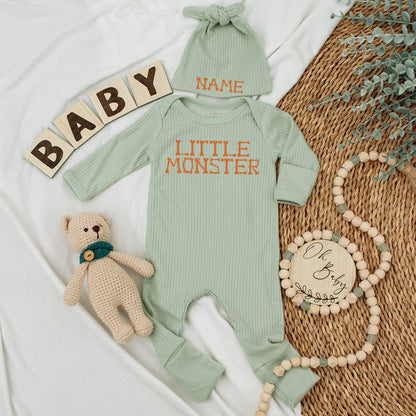Little Monster Baby Bodysuit and Hat Set for Newborns Cute Halloween or Fall Baby Shower Gift Custom Name Outfit White Lettering