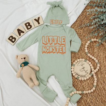 Little Monster Baby Bodysuit and Hat Set Newborn Coming Home Outfit Long Sleeve Cute Fall Baby Announcement Gift