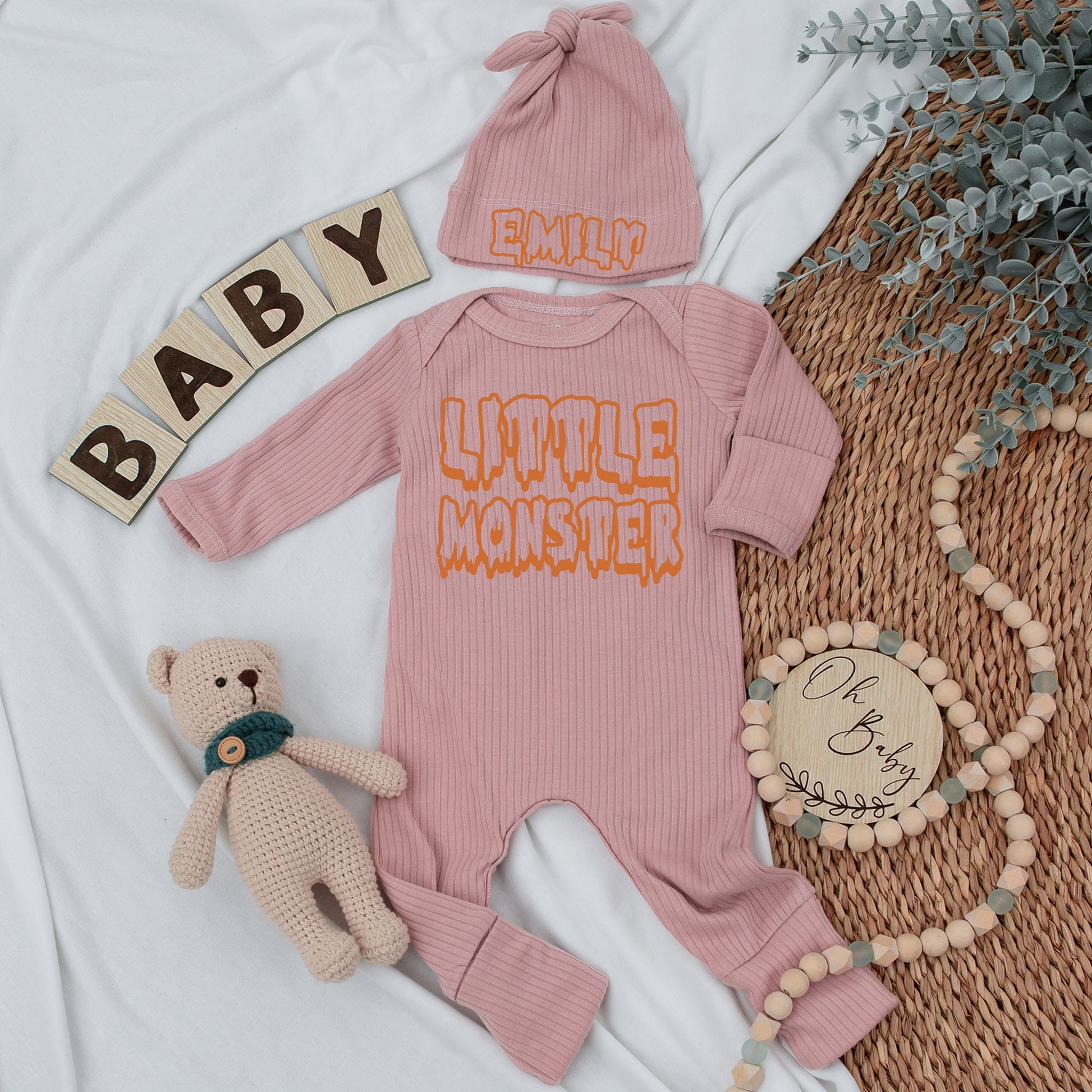 Little Monster Baby Bodysuit and Hat Set Newborn Coming Home Outfit Long Sleeve Cute Fall Baby Announcement Gift