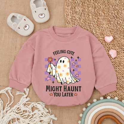 Cute Baby Ghost Bodysuit First Halloween Feeling Cute Might Haunt You Later Purple Checkered Whimsical Retro Infant Romper Fall Outfit