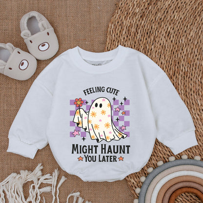 Cute Baby Ghost Bodysuit First Halloween Feeling Cute Might Haunt You Later Purple Checkered Whimsical Retro Infant Romper Fall Outfit