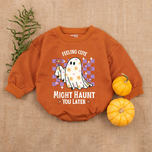 Cute Baby Ghost Bodysuit First Halloween Feeling Cute Might Haunt You Later Purple Checkered Whimsical Retro Infant Romper Fall Outfit