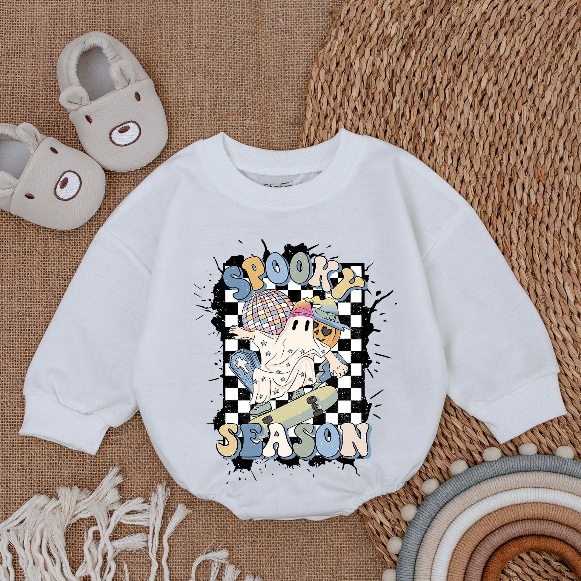 Spooky Season Ghost Skateboard Baby Bodysuit Retro Halloween Outfit Checkered Romper Cool Infant Clothes Fun Fall First Halloween Gift 137