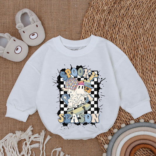 Spooky Season Ghost Skateboard Baby Bodysuit Retro Halloween Outfit Checkered Romper Cool Infant Clothes Fun Fall First Halloween Gift 137