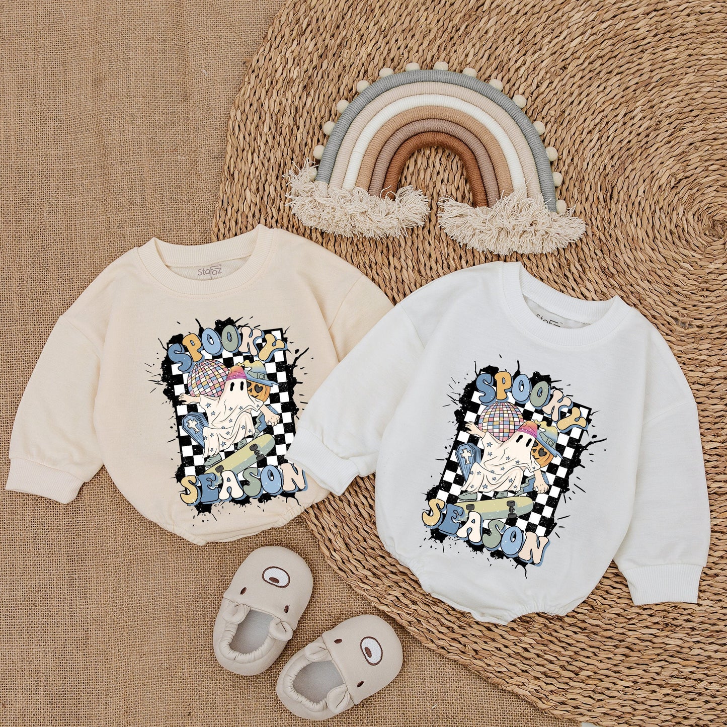 Spooky Season Ghost Skateboard Baby Bodysuit Retro Halloween Outfit Checkered Romper Cool Infant Clothes Fun Fall First Halloween Gift 137