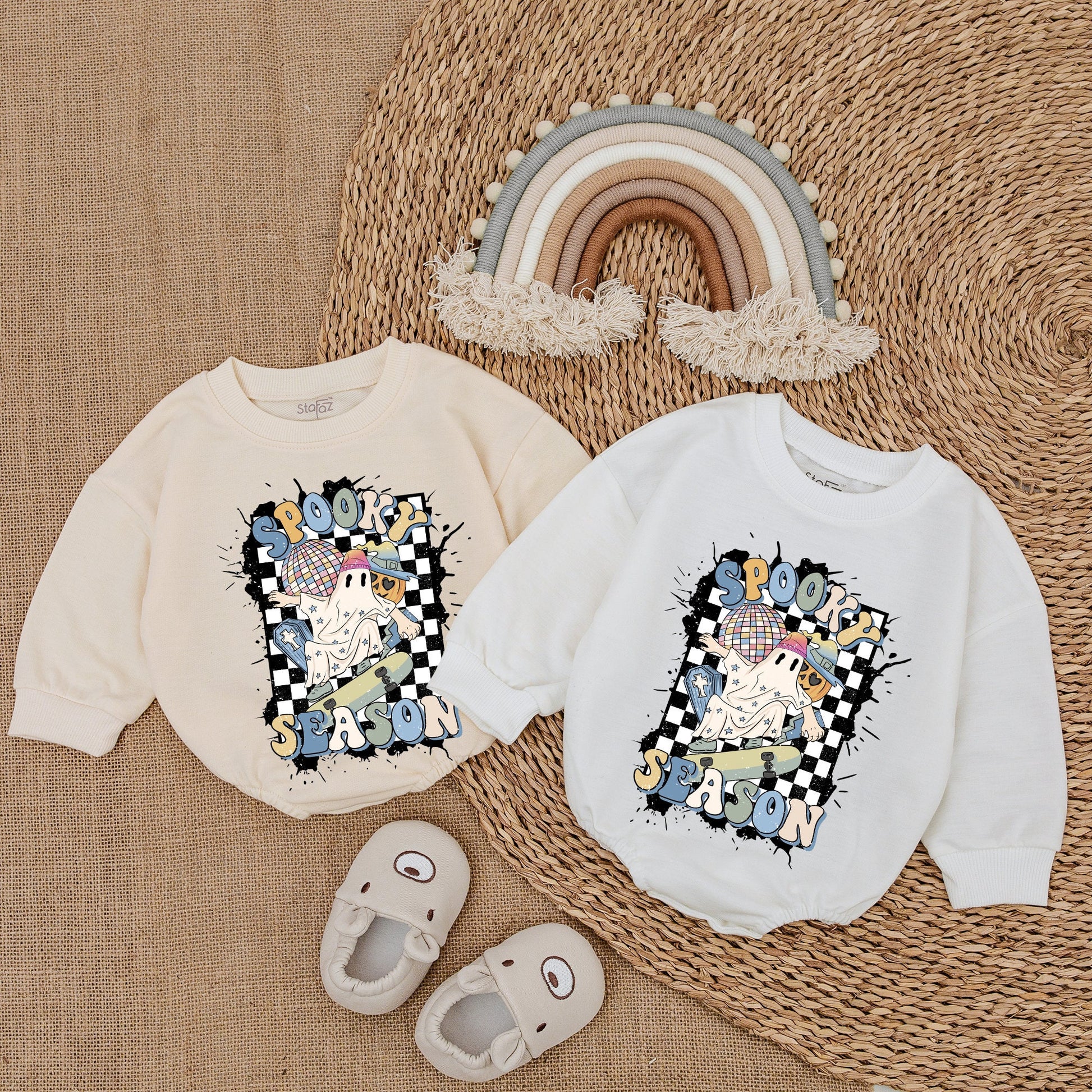 Spooky Season Ghost Skateboard Baby Bodysuit Retro Halloween Outfit Checkered Romper Cool Infant Clothes Fun Fall First Halloween Gift 137