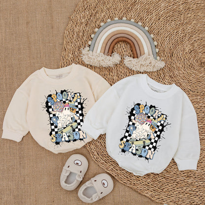 Spooky Season Ghost Skateboard Baby Bodysuit Retro Halloween Outfit Checkered Romper Cool Infant Clothes Fun Fall First Halloween Gift 137