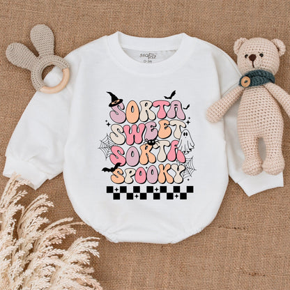 Sorta Sweet Sorta Spooky Halloween Bubble Romper Baby Bodysuit Pink Peach White Retro Vibe Ghost Bats Stars Checkered Pattern Toddler Clothes