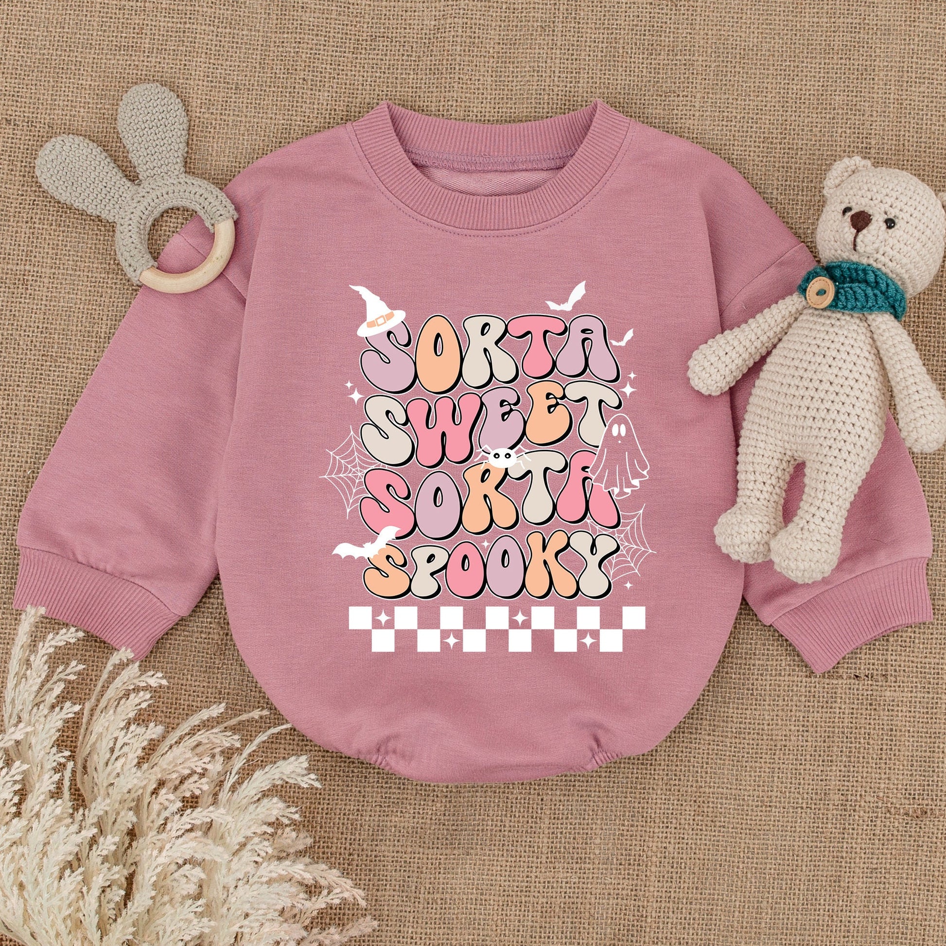 Sorta Sweet Sorta Spooky Halloween Bubble Romper Baby Bodysuit Pink Peach White Retro Vibe Ghost Bats Stars Checkered Pattern Toddler Clothes
