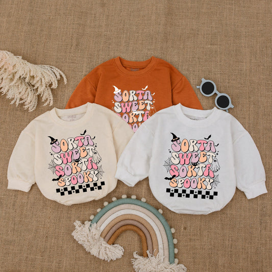 Sorta Sweet Sorta Spooky Halloween Bubble Romper Baby Bodysuit Pink Peach White Retro Vibe Ghost Bats Stars Checkered Pattern Toddler Clothes