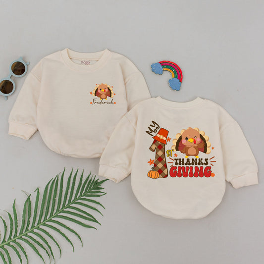 Personalized My 1st Thanksgiving Romper, Winking Turkey Baby Outfit, Fall Leaves, Thanksgiving Day Coming Home Gift, Modern Cartoon Style, Custom Name 139