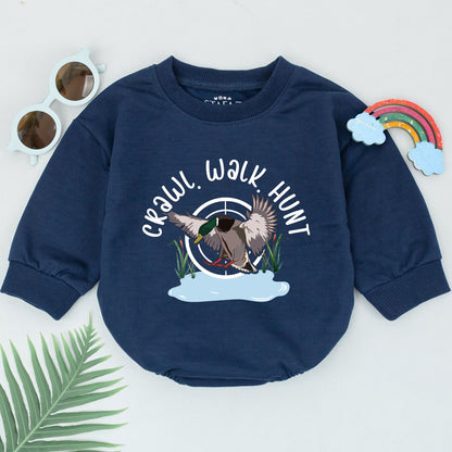Crawl Walk Hunt Baby Romper Cartoon Mallard Duck Newborn Outfits Girls Boys Gift for Duck Hunting Enthusiasts Little Hunter Bodysuit with Soft Design