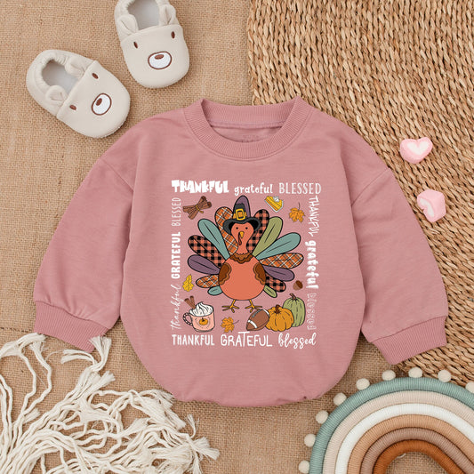 Thankful Grateful Blessed Cartoon Turkey Baby Romper Cute Thanksgiving Outfit Girl Infant Clothes Festive Fall Baby Shower Gift Bodysuit