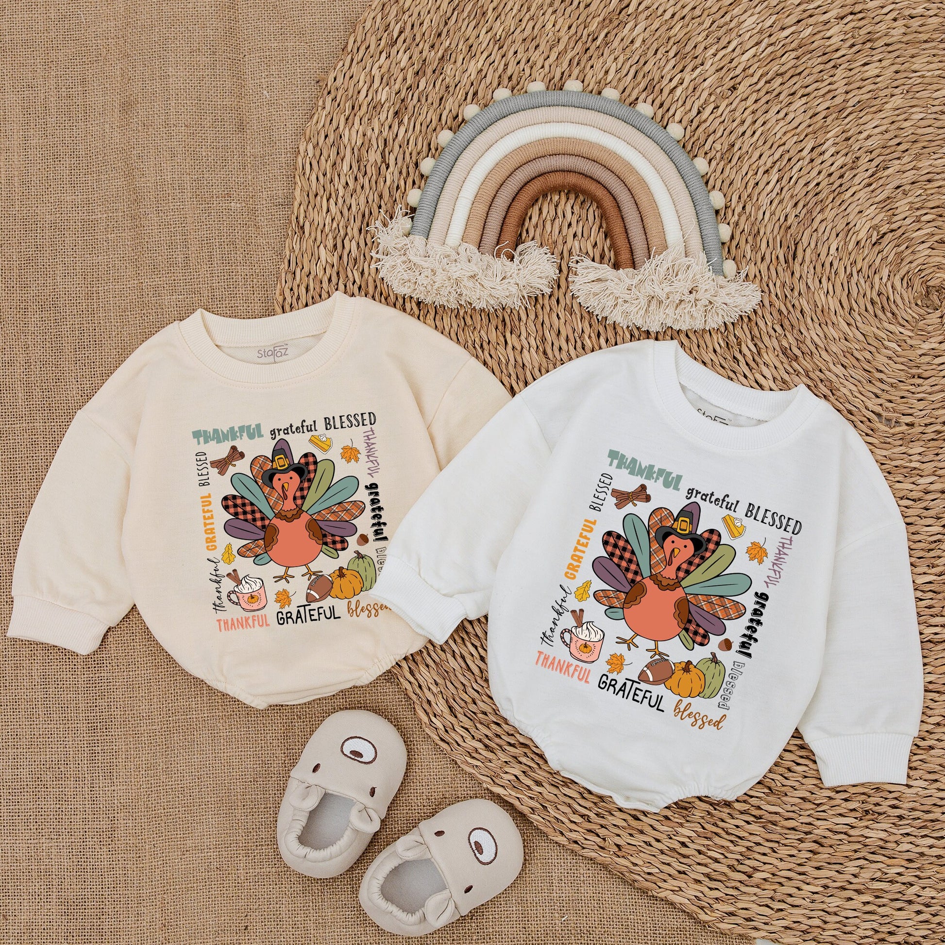 Thankful Grateful Blessed Cartoon Turkey Baby Romper Cute Thanksgiving Outfit Girl Infant Clothes Festive Fall Baby Shower Gift Bodysuit