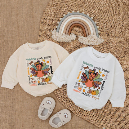 Thankful Grateful Blessed Cartoon Turkey Baby Romper Cute Thanksgiving Outfit Girl Infant Clothes Festive Fall Baby Shower Gift Bodysuit