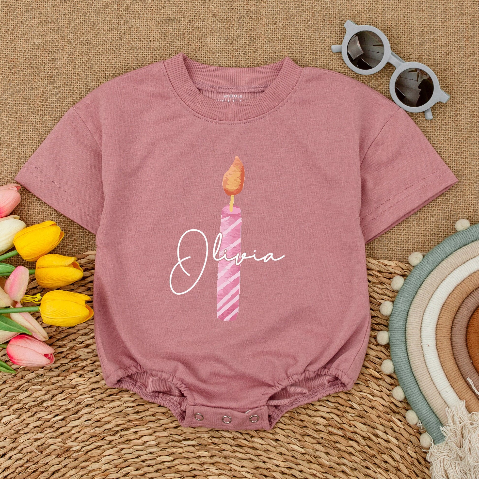 Custom Birthday Candle Romper Benjamin Blue Pink Stripes with Name Personalized Baby Girl First Birthday Outfit Short Sleeve Bubble