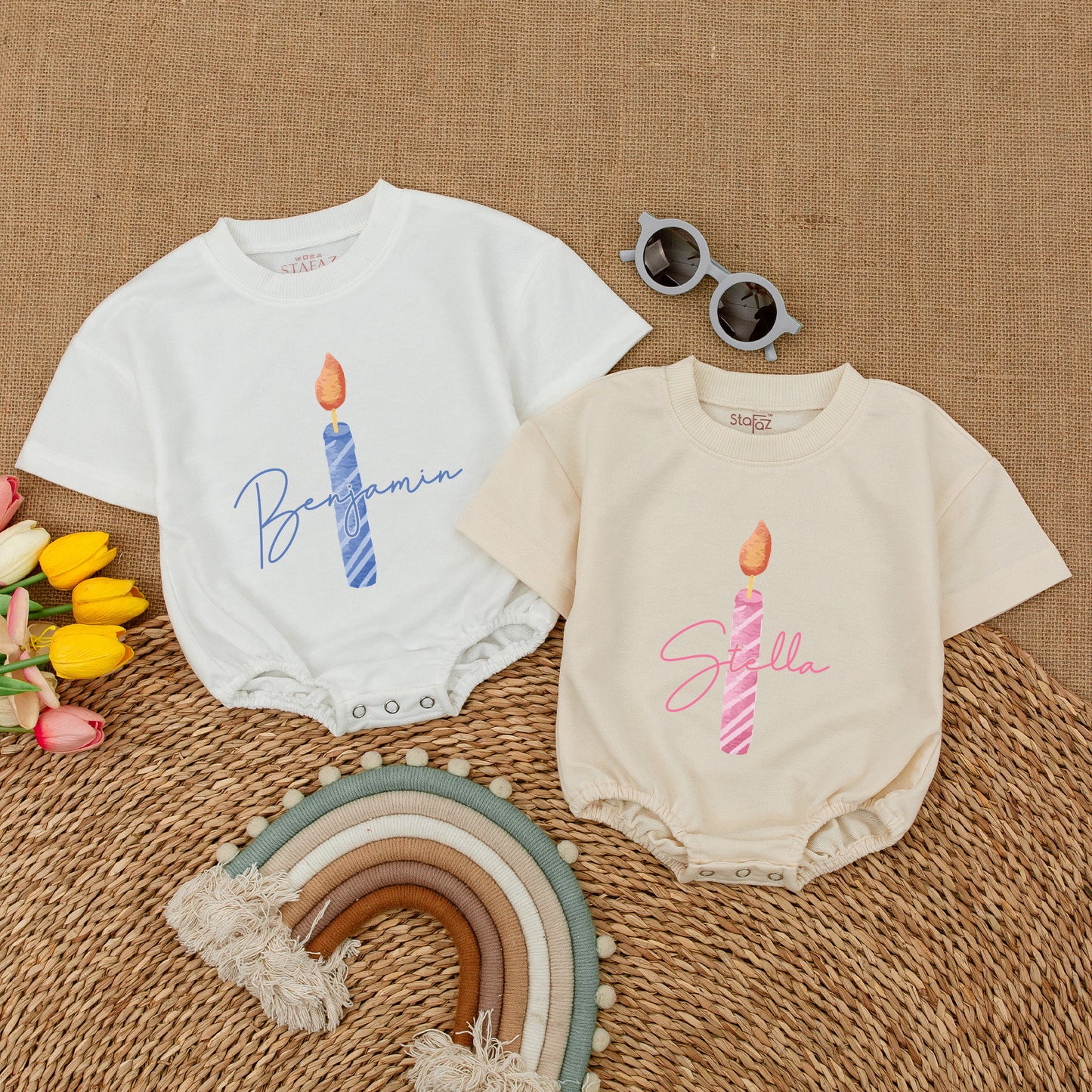 Custom Birthday Candle Romper Benjamin Blue Pink Stripes with Name Personalized Baby Girl First Birthday Outfit Short Sleeve Bubble