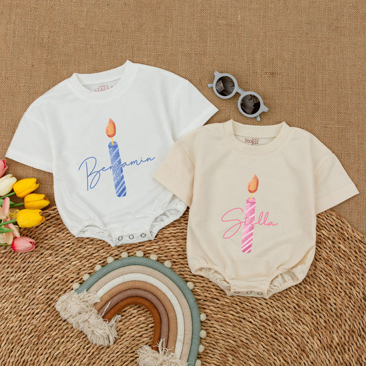 Custom Birthday Candle Romper Benjamin Blue Pink Stripes with Name Personalized Baby Girl First Birthday Outfit Short Sleeve Bubble