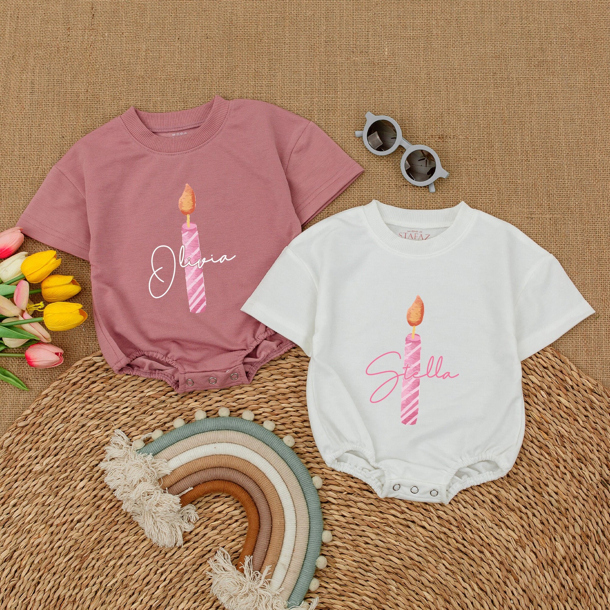 Custom Birthday Candle Romper Benjamin Blue Pink Stripes with Name Personalized Baby Girl First Birthday Outfit Short Sleeve Bubble