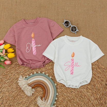 Custom Birthday Candle Romper Benjamin Blue Pink Stripes with Name Personalized Baby Girl First Birthday Outfit Short Sleeve Bubble