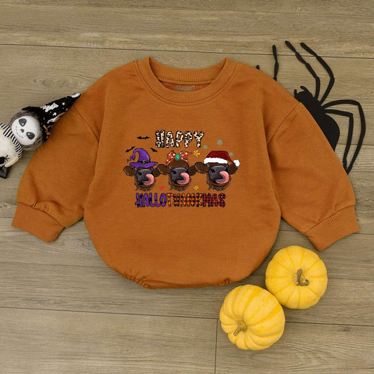 Happy Hallothanksmas Highland Cow Romper Baby Outfit Witch Santa Hat First Thanksgiving Clothes Thankful Bodysuit
