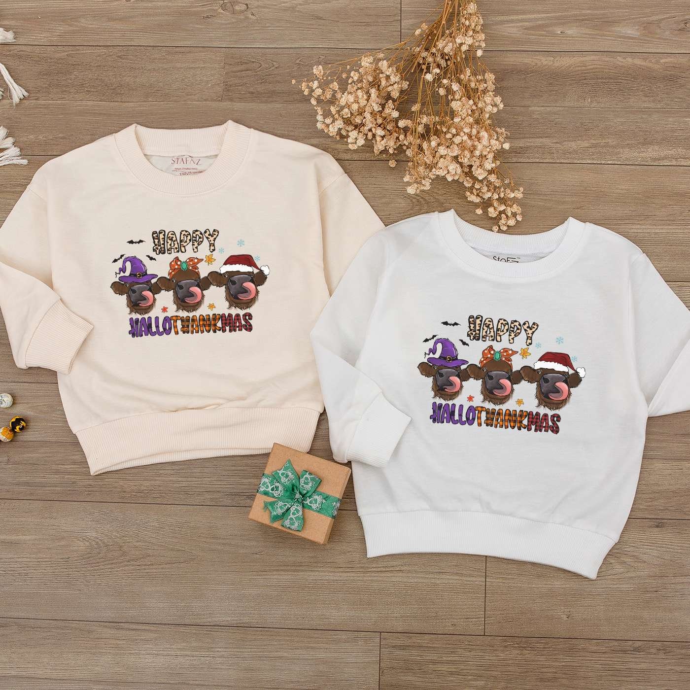 Happy Hallothanksmas Highland Cow Romper Baby Outfit Witch Santa Hat First Thanksgiving Clothes Thankful Bodysuit