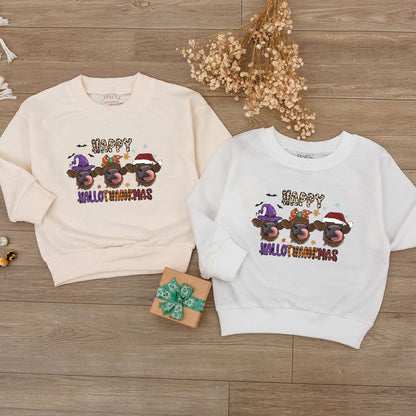 Happy Hallothanksmas Highland Cow Romper Baby Outfit Witch Santa Hat First Thanksgiving Clothes Thankful Bodysuit
