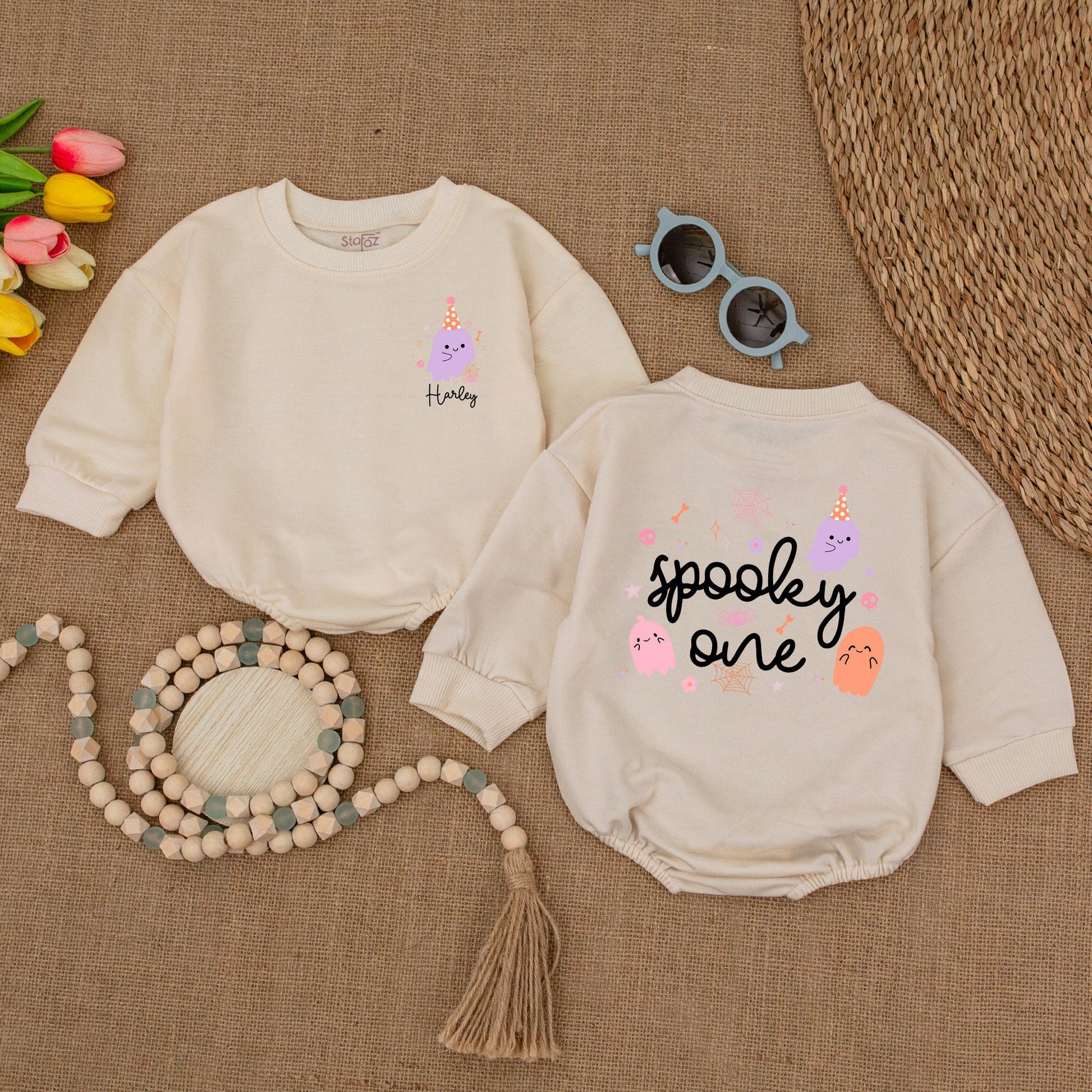 Custom Friendly Ghost & Spooky One Baby Romper Cute Halloween Ghost Bodysuit Halloween Birthday Baby Shower Fall Outfit