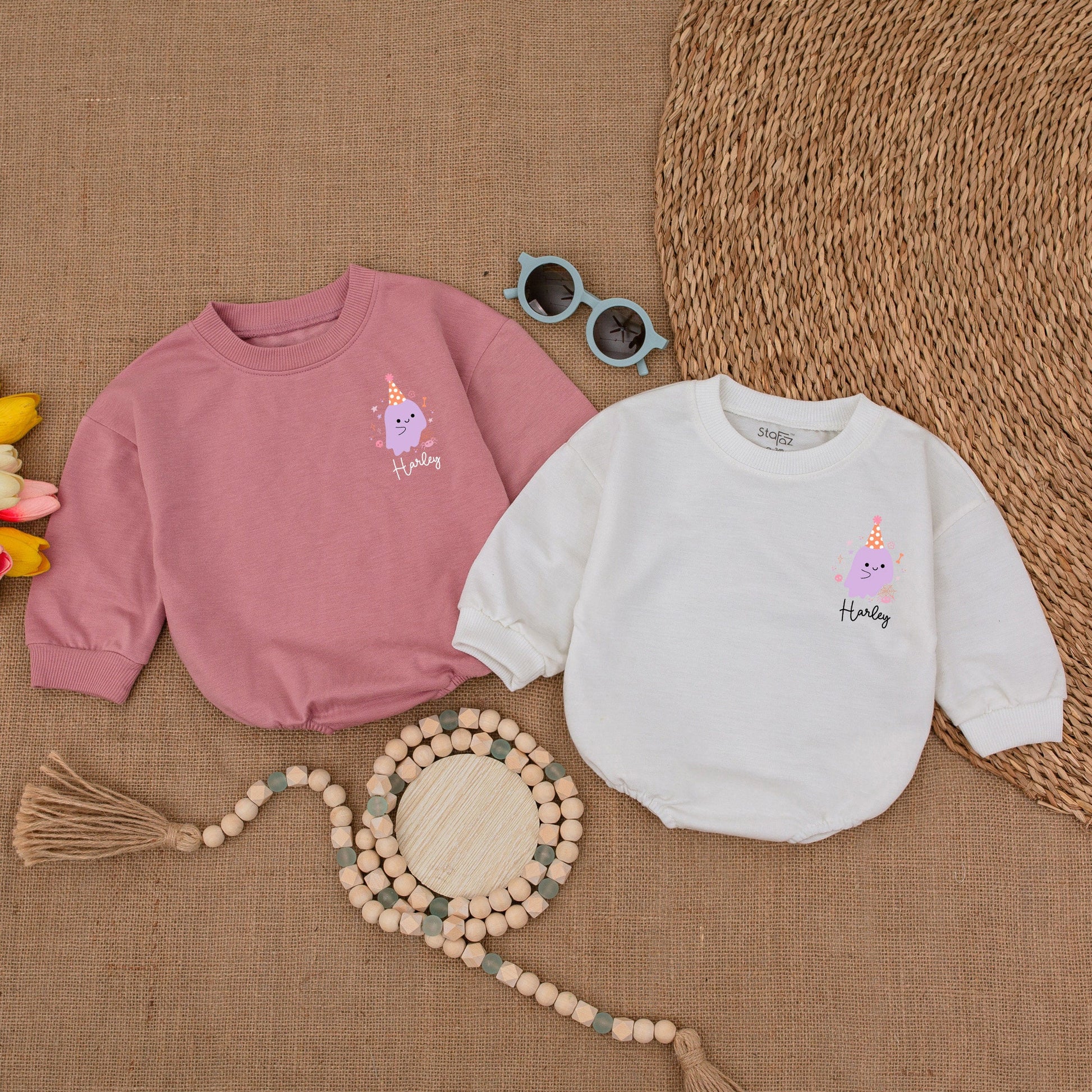 Custom Friendly Ghost & Spooky One Baby Romper Cute Halloween Ghost Bodysuit Halloween Birthday Baby Shower Fall Outfit