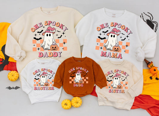 One Spooky Dude Halloween Birthday Sweater Baby Toddler Pumpkin Candy Bucket Retro Witch Hat Kids Fall Holiday Sweatshirt