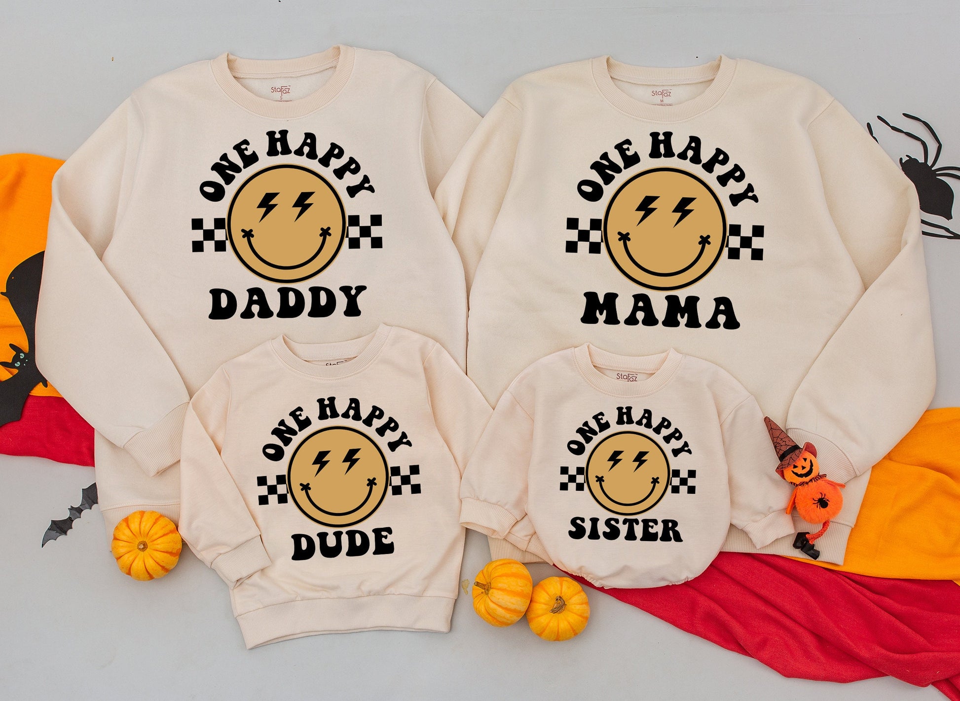 One Happy Dude Retro Lightning Bolt Smiley Birthday Outfit Matching Family Sweatshirt Baby Romper Gift for Dad