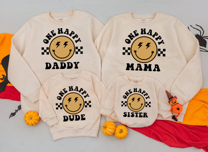 One Happy Dude Retro Lightning Bolt Smiley Birthday Outfit Matching Family Sweatshirt Baby Romper Gift for Dad