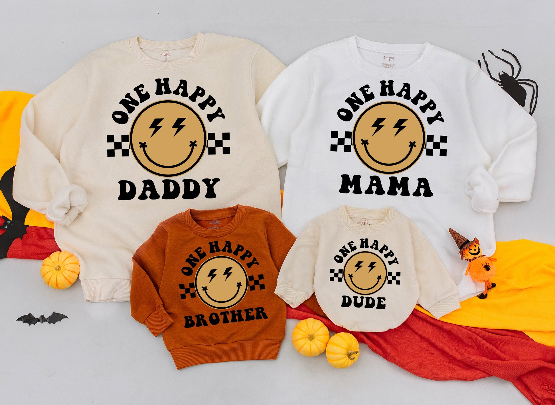 One Happy Dude Retro Lightning Bolt Smiley Birthday Outfit Matching Family Sweatshirt Baby Romper Gift for Dad
