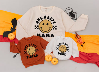 One Happy Dude Retro Lightning Bolt Smiley Birthday Outfit Matching Family Sweatshirt Baby Romper Gift for Dad
