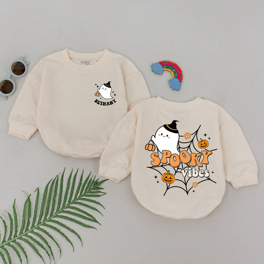 Personalized Spooky Vibes Baby Romper First Halloween Cute Ghost Witch Hat Jack-o-lanterns Orange Black Retro Fall Outfit Newborn Girl Boy Gift