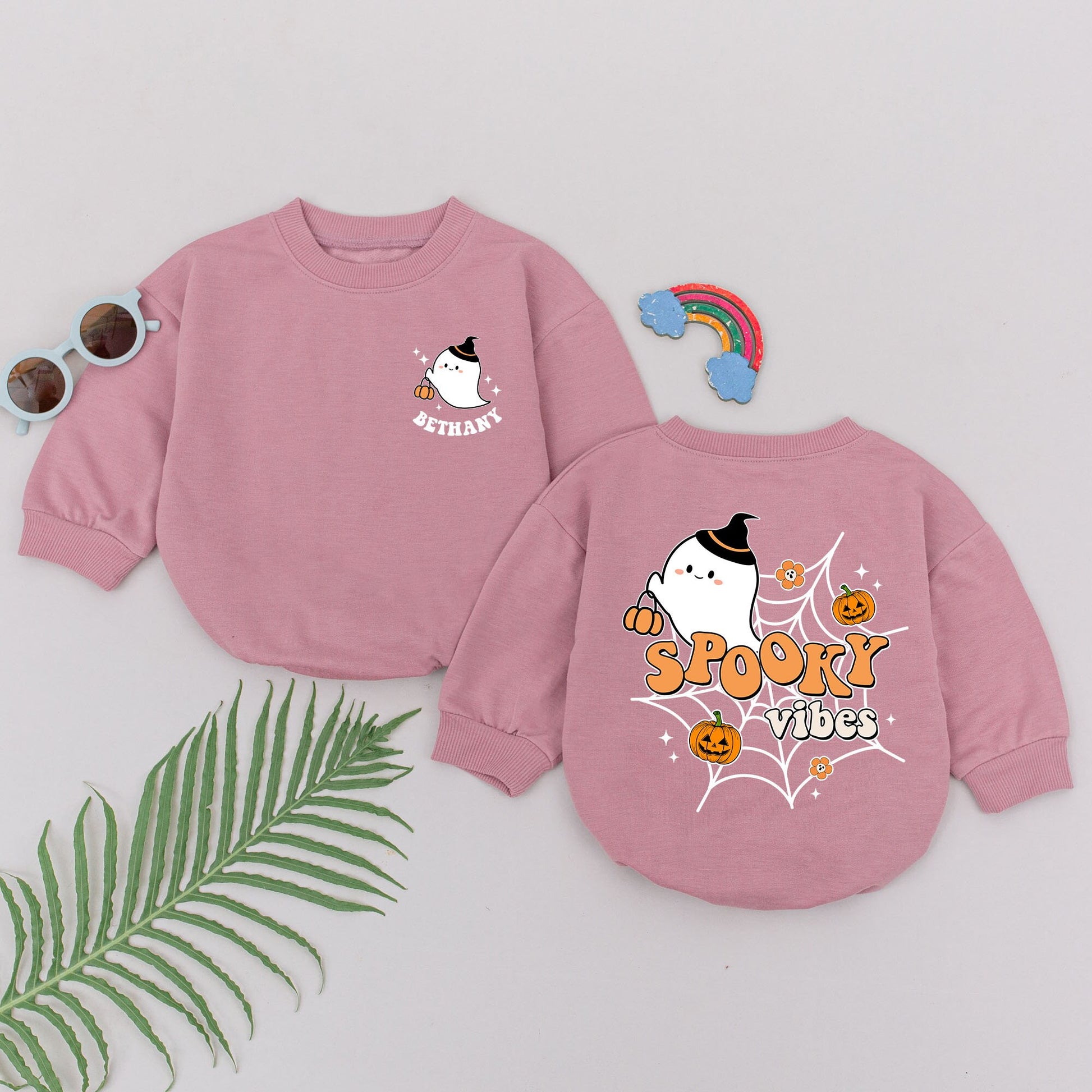 Personalized Spooky Vibes Baby Romper First Halloween Cute Ghost Witch Hat Jack-o-lanterns Orange Black Retro Fall Outfit Newborn Girl Boy Gift
