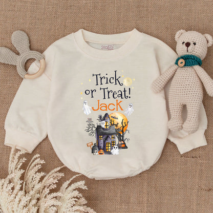 Trick or Treat! Halloween Bubble Romper, My 1st Halloween Outfit, Cute Haunted House Baby Clothes for Jack, Spooky Ghost Pumpkin Bodysuit, 135 chars