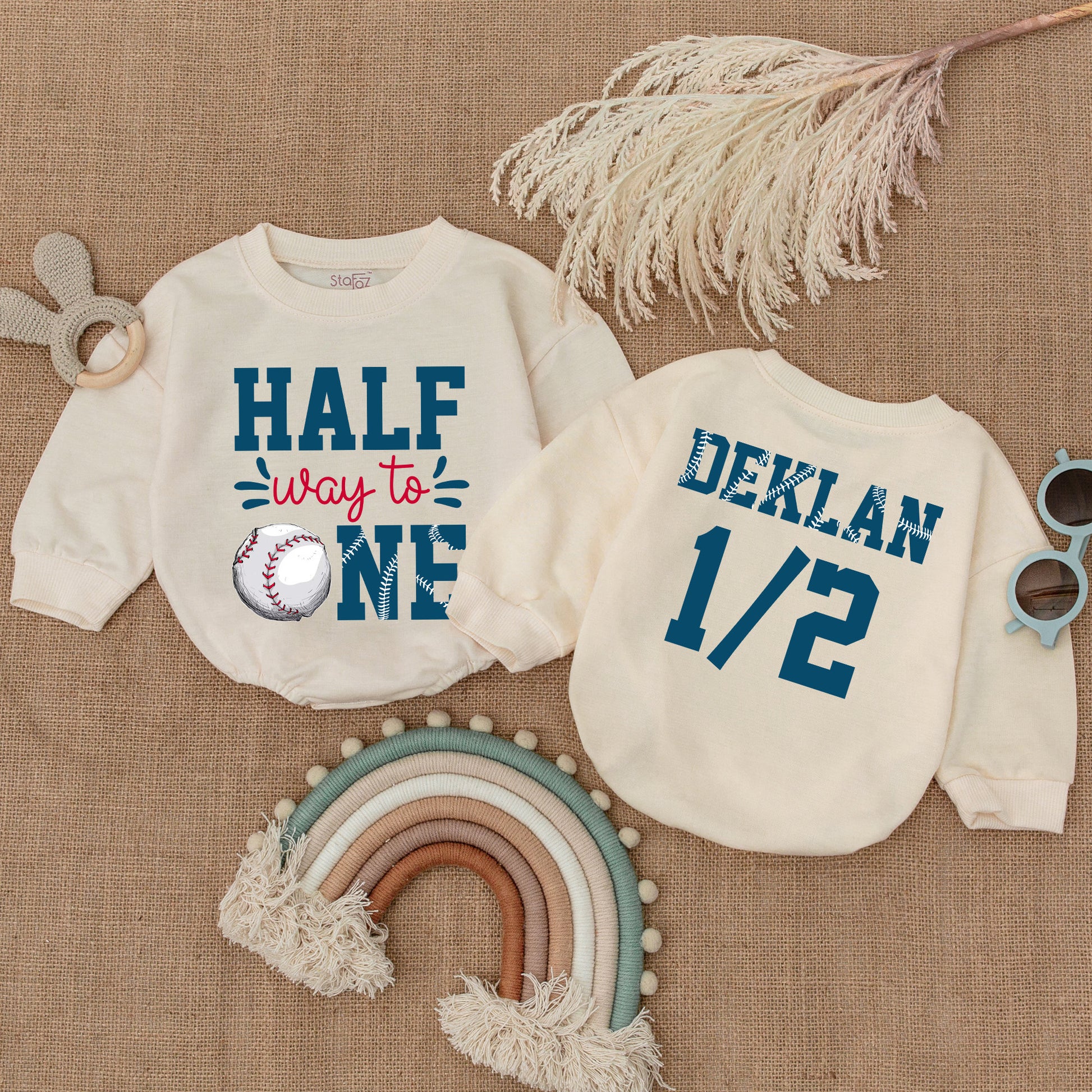 Halfway to One Baseball Romper Baby Boy's 6-Month Birthday Outfit Deklan 1/2 Number Design Infant Clothes Baseball Birthday Gift
