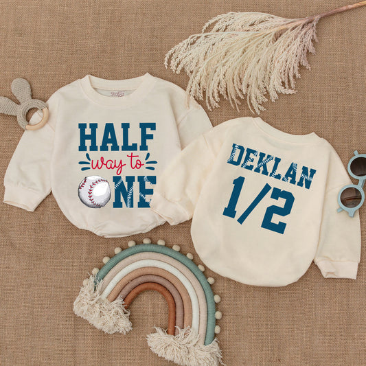 Halfway to One Baseball Romper Baby Boy's 6-Month Birthday Outfit Deklan 1/2 Number Design Infant Clothes Baseball Birthday Gift