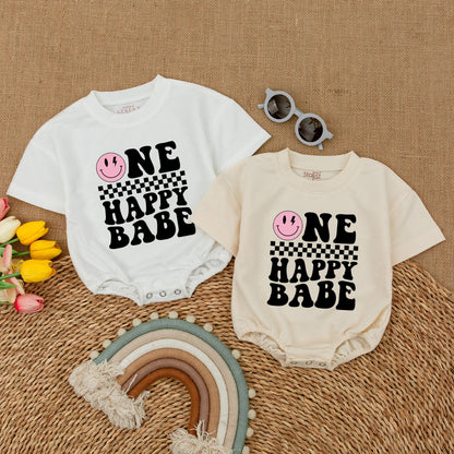 Personalized One Happy Babe Romper: Retro Groovy First Birthday Outfit, Checkered Smiley Face, Lightning Bolt Eyes, Custom Name, Matching Family Celebration (139 chars)