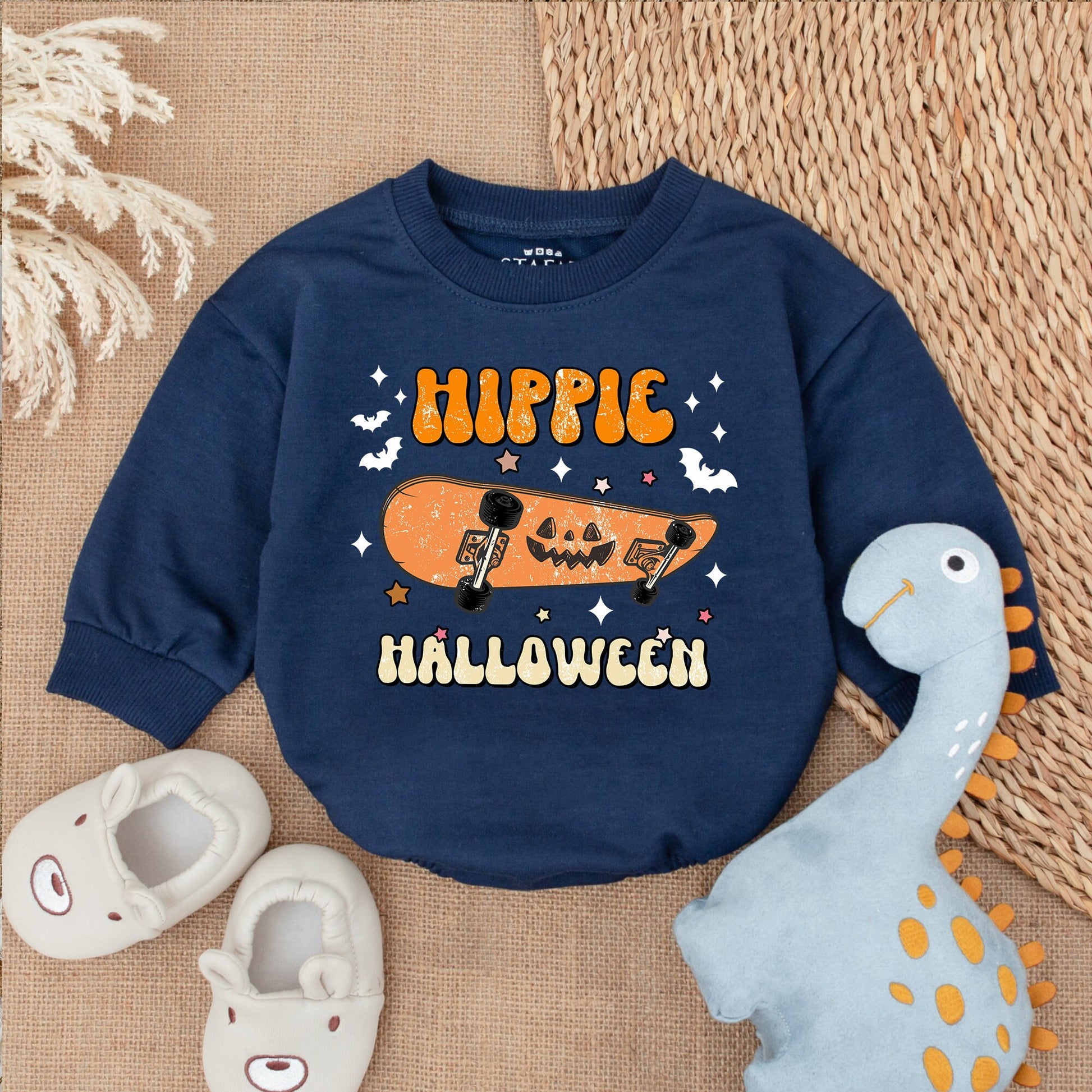 Hippie Halloween Baby Boy Bodysuit with Skateboard Jack-O'-Lantern Vintage Retro Fall Outfit First Halloween Infant Romper Clothes