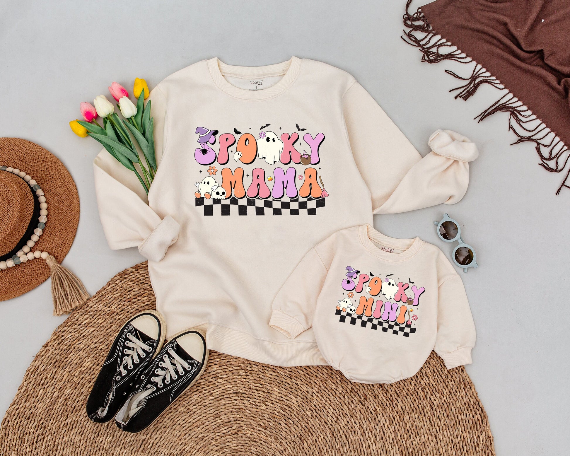 Cute Ghost Halloween Family Sweaters: Matching Mom and Baby Outfit  