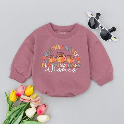 Pumpkin Kisses Wishes Baby Romper, Thanksgiving Outfit for Baby Girl, Fall Festive Bodysuit Gift, First Thanksgiving Outfit, Cute Pastel Design