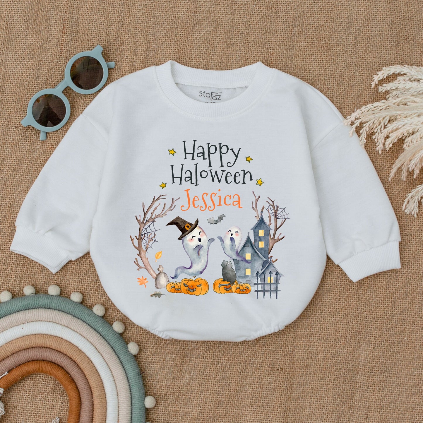 Personalized Happy Halloween Baby Clothes Cute Ghost & Pumpkin Watercolor First Halloween Outfit Bubble Romper Shower Gift