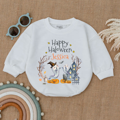 Personalized Happy Halloween Baby Clothes Cute Ghost & Pumpkin Watercolor First Halloween Outfit Bubble Romper Shower Gift