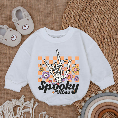 Spooky Vibes Baby Romper - Retro Halloween Outfit for Baby Boy or Girl, Comfortable Bubble Romper with Stars & Bats, My First Halloween Clothes