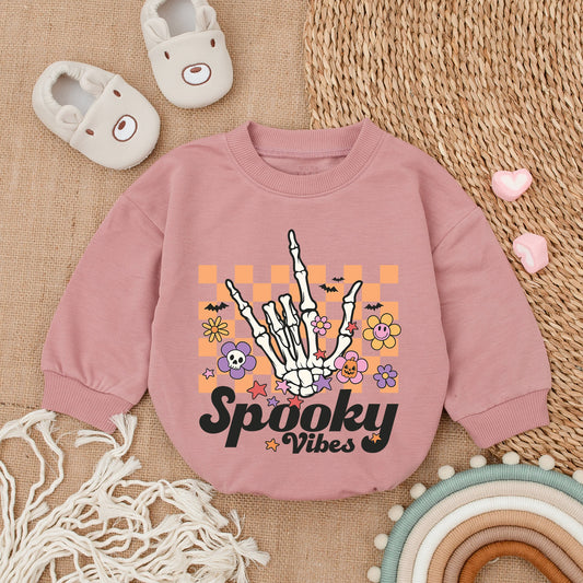 Spooky Vibes Baby Romper - Retro Halloween Outfit for Baby Boy or Girl, Comfortable Bubble Romper with Stars & Bats, My First Halloween Clothes