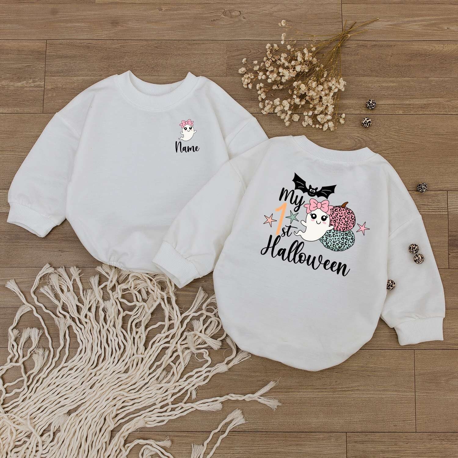 Personalized Baby Girl Halloween Outfit: Cute Ghost & Pumpkin Romper